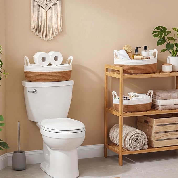 3 Pcs 3 Sizes Storage Basket for Toilet Tank Top Rope Woven Organizer with Handle Boho Bathroom Toilet Paper Organizer for Shelf Living Room Farmhouse Home Decor(White and Brown)