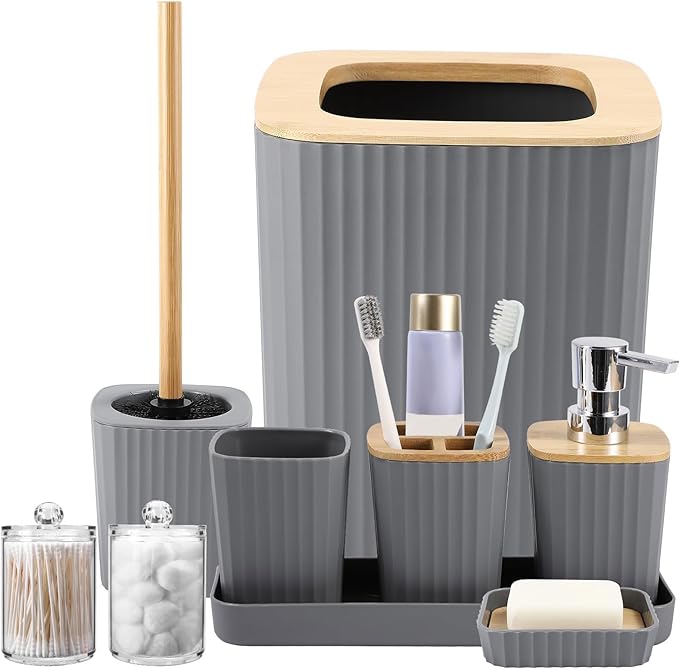 XLHOMO Grey Bathroom Accessories Set, 9 Piece Gray Bathroom Set, Bathroom Accessory Sets Compelete with Trash Can, Toothbrush Holder, Cup, Lotion Dispenser, Tray, Soap Dish, Toilet Brush, Qtip Holders