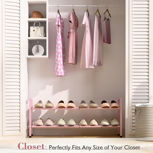 Bumusty 2-Tier Expandable Shoe Rack for Closet, 18“-33” Adjustable Shoe Rack for Small Space, Small Shoe Organizer for Front Door, Sturdy Metal, Pink