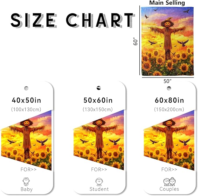 wyxdwh Pumpkin Scarecrow Sunflower Blanket, Cozy Flannel Golden Sunflower Field Throw for Couch Outdoor, Plush Soft Lightweight Travel Blankets for Bed Decor and Gifts, for Women Adults Kids 50"x60"