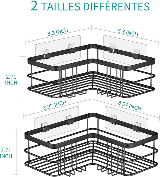 Yazoni Corner Shower Caddy, Adhesive Shower Shelves No Drilling [2-Pack], Rustproof Stainless Steel Bathroom Shower Organizer Wall Mounted with 8 Hooks (Black)