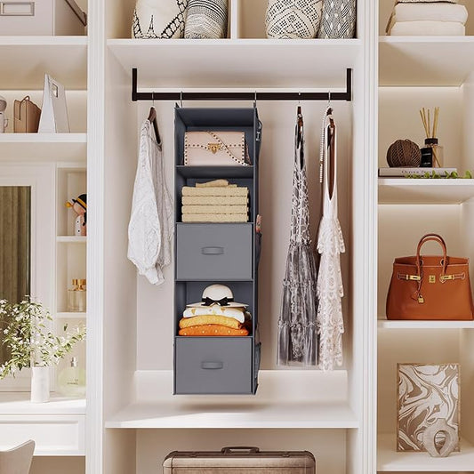 YOUDENOVA Hanging Closet Organizer, 5 Tier Hanging Closet Shelves with Drawers and 6 Side Pockets, Grey