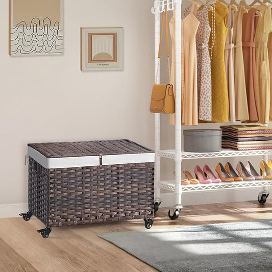 Rolling Storage Basket with Lid, 47.6 Gallon (180L) Storage Bin with Wheels, Woven Rattan Blanket Storage Basket with Handles, Foldable, Metal Frame, Removable Liner for Bedroom, Laundry Room, Brown
