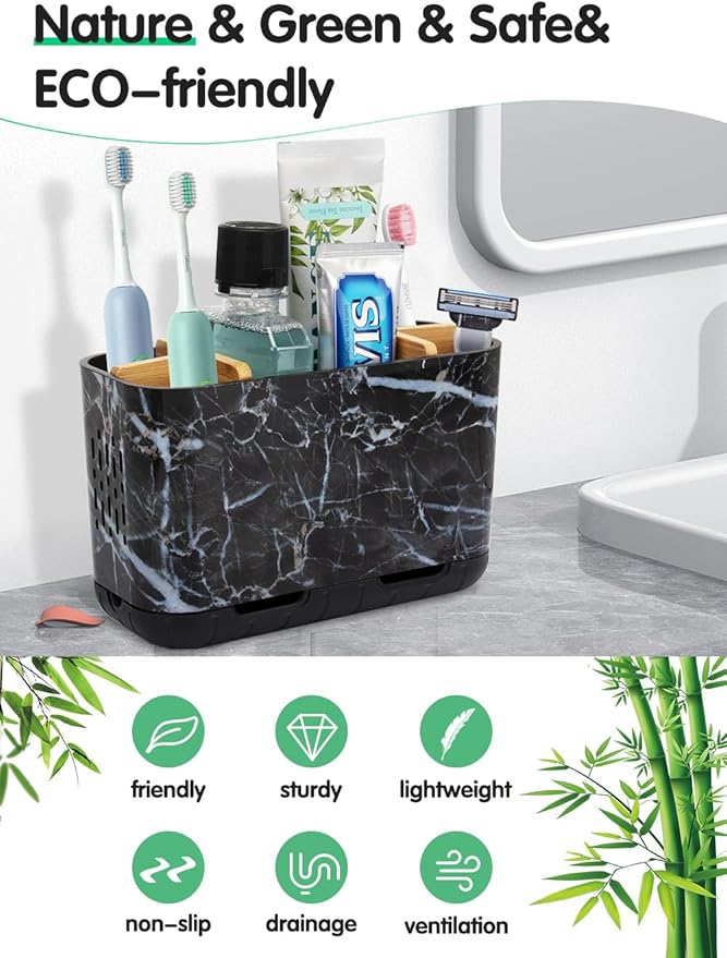 GFWARE Marble Toothbrush Holders, 5 Slots Bamboo Toothbrush and Toothpaste Holder for Bathroom Counter with Drainage, Kids Electric Toothbrush Organizer, Black Toothbrush Holders for Bathrooms