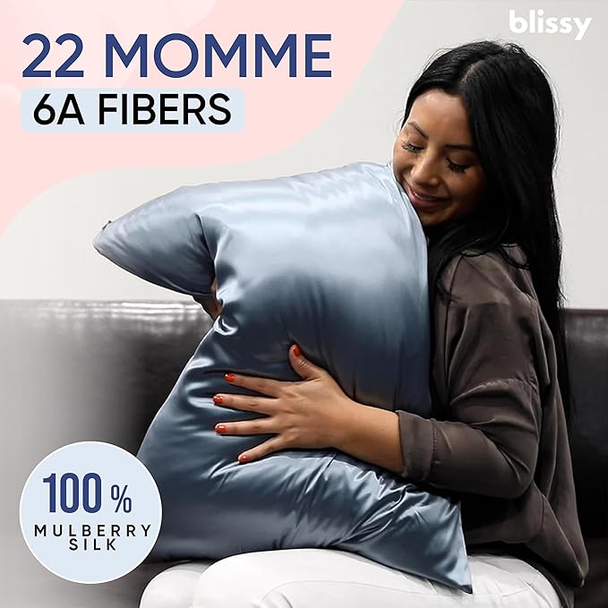 Blissy Silk Pillowcase - 100% Pure Mulberry Silk - 22 Momme 6A High-Grade Fibers - Silk Pillow Cover for Hair & Skin - Regular, Queen & King (Ash Blue, King)