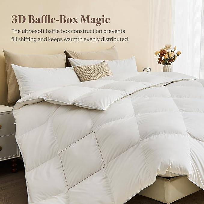 Goose Feather Down Fiber Comforter Oversized King - Egyptian Cotton Blend Cover, All Season Fluffy Hotel Luxury Duvet Insert(120x98 inch, White)