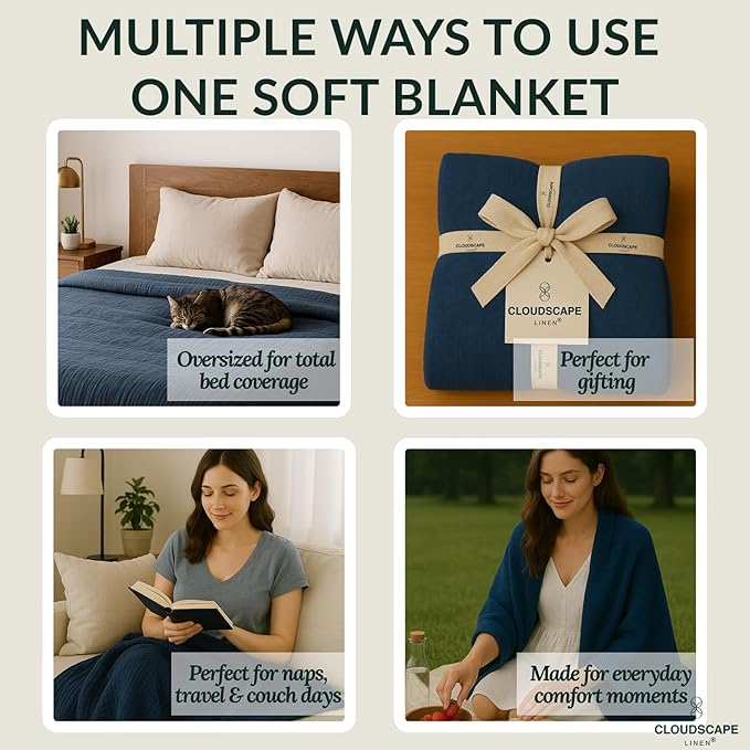 Cloud Scape Linen 8-Layer Muslin Blanket King Size for Adult - 100% Cotton, Breathable and Soft, Perfect Winter Cozy Blanket, Fits up to California King Bed, 92x108, Ensign Blue