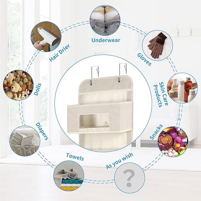 MAX Houser 4-Shelf Over The Door Hanging Organizer with 2 Metal Hooks, 4 Pocket Swing-Proof Behind Door Organizers with Clear Windows for Nursery Bathroom Closet,Dorm,Baby Diapers, Kids Toys (Beige)