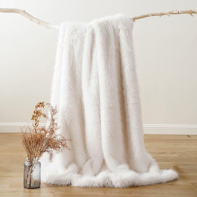 BATTILO HOME Luxury White Faux Fur Throw Blanket, Fluffy Cozy Soft Warm Fur Blanket for Couch, Sofa, Chair, Bed, Plush Fuzzy Fur Throws with Long Pile, 50"x60"(Ivory)