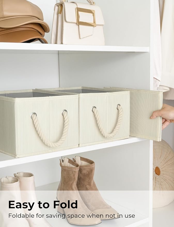 StorageWorks Storage Baskets for Shelves, Foldable Fabric Closet Storage Bins with Handles, Fabric Storage Bins Clothes Organizer, Beige, White & Ivory, 3-Pack, Small