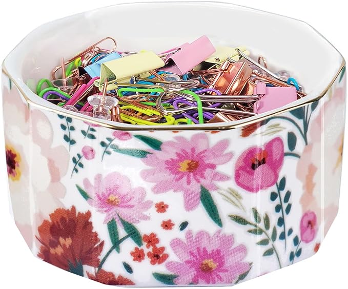 LEAZUL Ceramic Paper Clip Holder Gold Line Paper Clip Dispenser Organizer for Desk Cute Floral Pattern Office Binder Clip Holder Bobby Pin and Hair Clip Holder Gift for Office (White Pink)