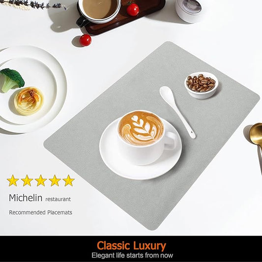 Vinyl Placemats Set of 8 Faux Leather 100% Waterproof Wipeable Washable Place Mats Heat Resistant Easy Clean Non-Slip Table Mats for Indoor Outdoor. (8, Light Gray)