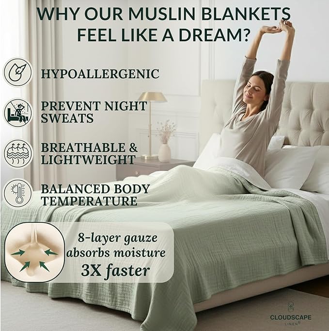 Cloud Scape Linen 8-Layer Muslin Blanket Queen Size - 100% Cotton, Soft and Breathable, Oversized Winter Blanket, Fits up to Full Size Bed, 92x92, Sage Green