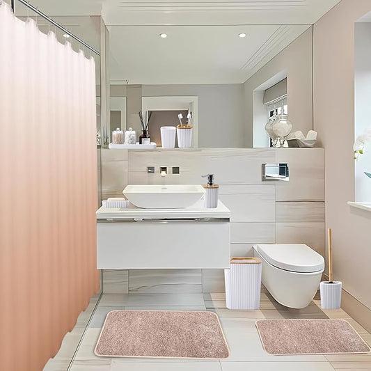 XLHOMO 24Pcs White and Gold Bathroom Set with Shower Curtain and Rug, White Bathroom Sets Complete with Trash Can,Soap Dispenser,Soap Dish,Toilet Brush,Toothbrush Holder and Cup,Tray,Q-Tip Holders