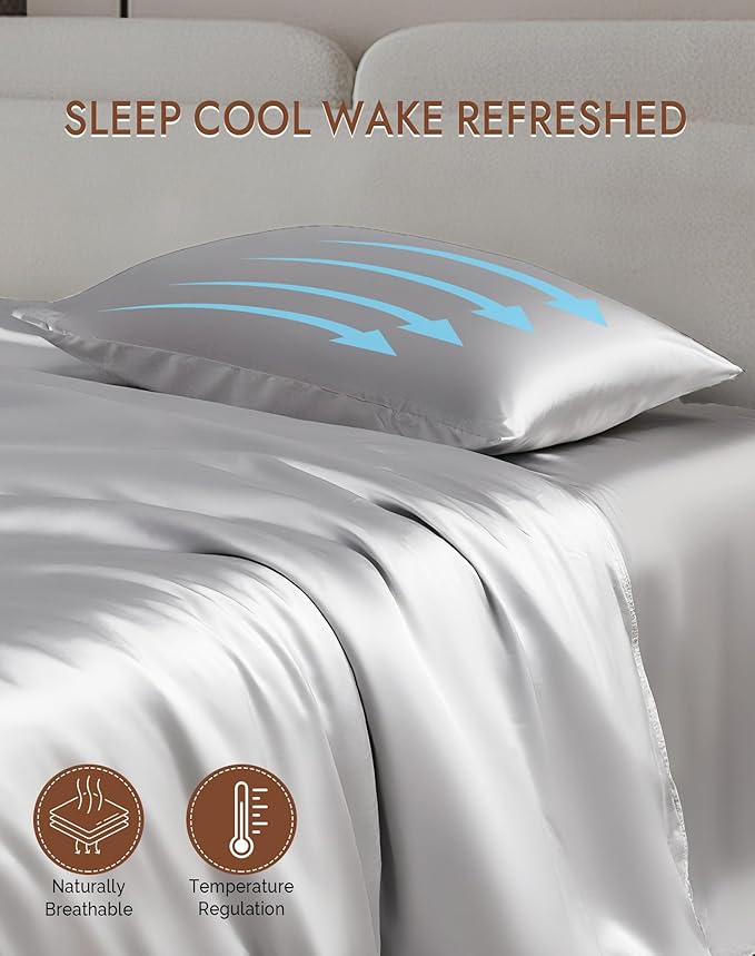 SilkSilky 100% Mulberry Silk Pillowcase - Pure 22 Momme High-Grade 6A Fibers for Hair & Skin, Envelope Closure, Natural, Organic, Breathable & Cooling Pillow Case (Queen, Silver)