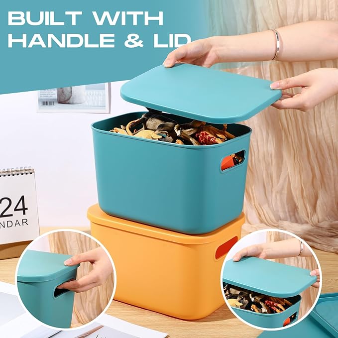 Hoolerry 8 Pieces Colorful Storage Bins with Lid, Plastic Storage Basket Organizing Container Stackable Box with Handle for Shelves Desktop Playroom Office(10.2 x 7 x 6.3 Inch,Green and Yellow)