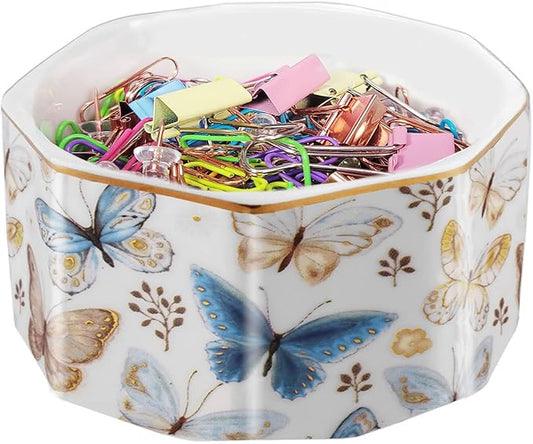 LEAZUL Ceramic Paper Clip Holder Gold Line Paper Clip Dispenser Organizer for Desk Cute Floral Butterfly Pattern Office Binder Clip Holder Bobby Pin and Hair Clip Holder Gift for Office Butterfly