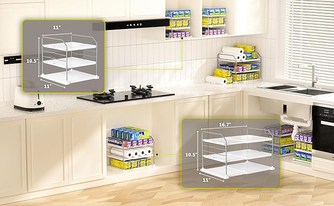 EVERIE Extendable 3-Tier Holder for Heavy Items, Jars, Bottles, Cans, Plastic Bags, Wrap, Foil, Snack and Box for Kitchen,Counter, Cabinets, 11'' to 16.7'' Wide (11“ - 16.7” Wide, Piece, 2)
