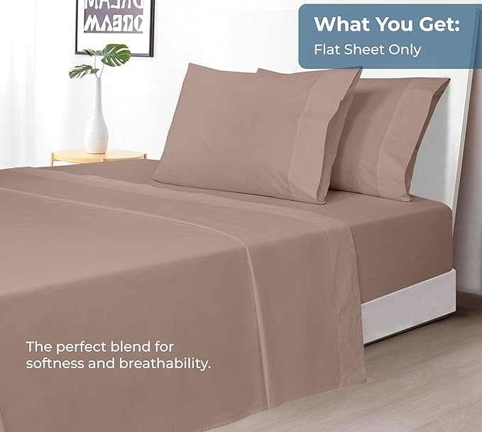 Royale Linens 100% Organic Cotton Queen Flat Sheet Only - Super Soft - Percale Top Sheets - Queen Flat Sheet Sold Separately - Breathable, Cool & Crisp White Sheets Only (90" x 102", Mocha)