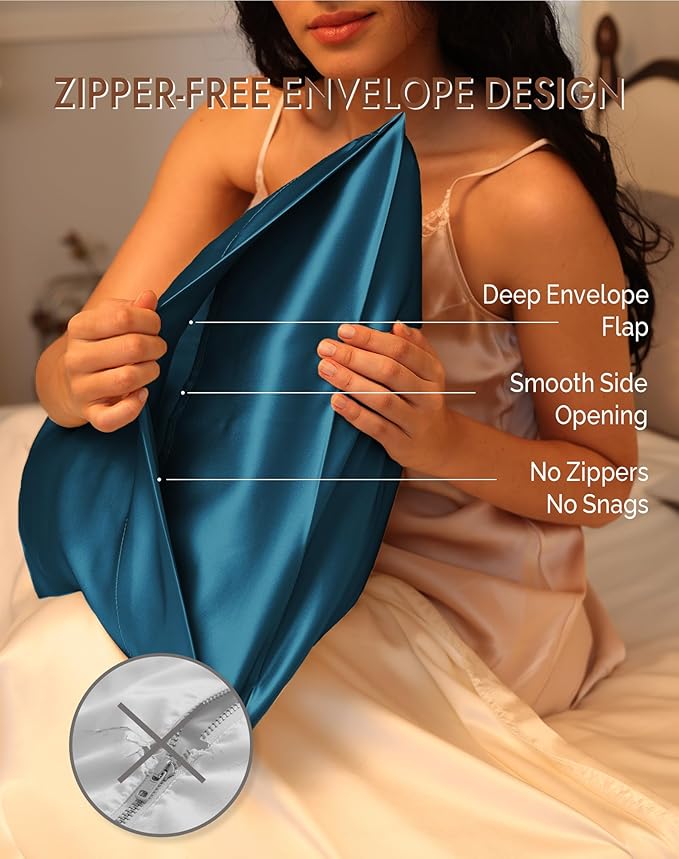 SilkSilky 100% Mulberry Silk Pillowcase - Pure 22 Momme High-Grade 6A Fibers for Hair & Skin, Envelope Closure, Natural, Organic, Breathable & Cooling Pillow Case (King, Teal)