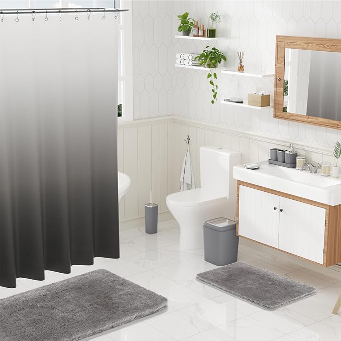 XLHOMO Grey Bathroom Accessories Set, Bathroom Sets with Shower Curtain and Rugs, Trash Can, Tray, Soap Dispenser, Soap Dish, Toothbrush Holder, Toothbrush Cup,Toilet Brush and Qtip Holders for Home