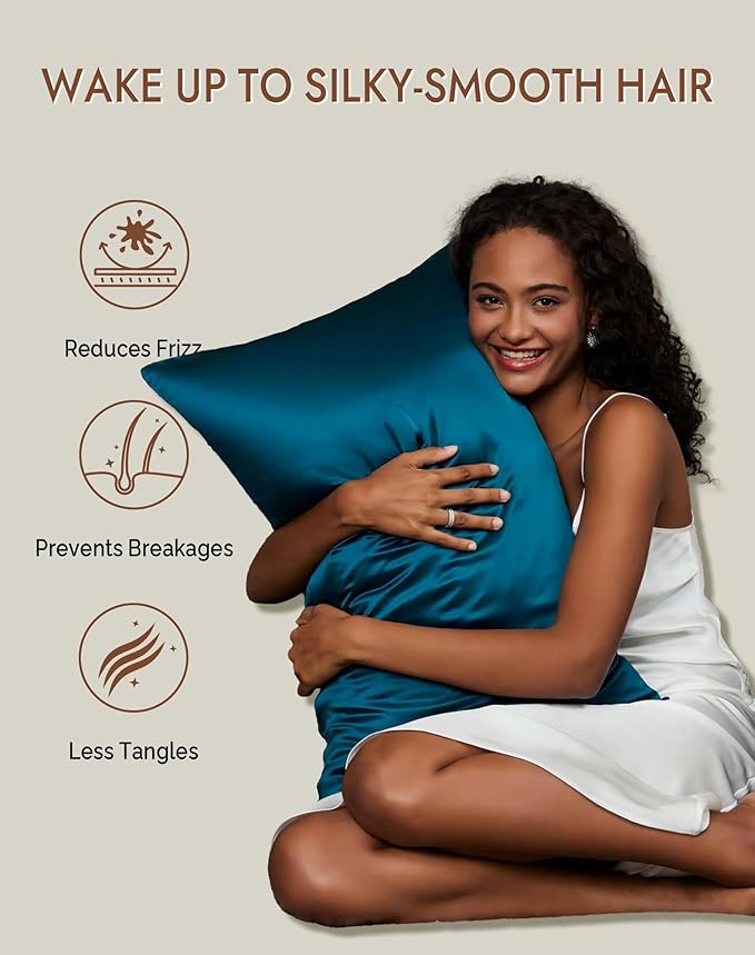 SilkSilky 100% Mulberry Silk Pillowcase - Pure 22 Momme High-Grade 6A Fibers for Hair & Skin, Envelope Closure, Natural, Organic, Breathable & Cooling Pillow Case (Standard, Teal)