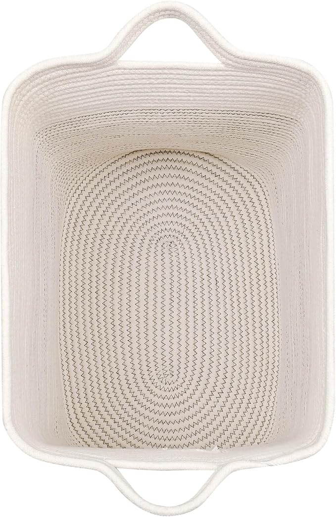 Laughbird Storage Baskets for Clothes Fabric Cotton Rope Storage Basket with Handles, Decorative Woven Basket for Living Room,Closet Organizer Blankets, and 2bags (White/Black Line, L16×W11.4×H15.9)