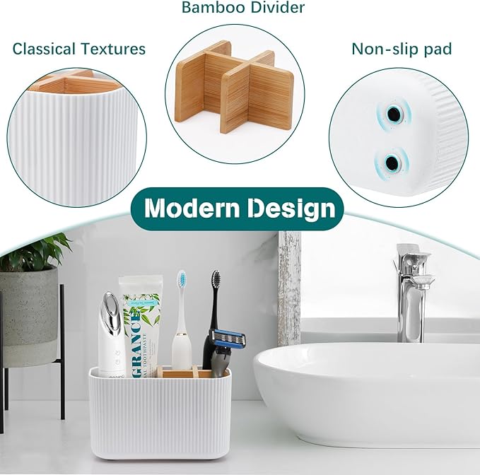 GFWARE White Toothbrush Holder - Bamboo Toothbrush Holders for Bathrooms Electric Toothbrush Holder Organizer Kids Toothbrush Holders for Bathrooms Countertop