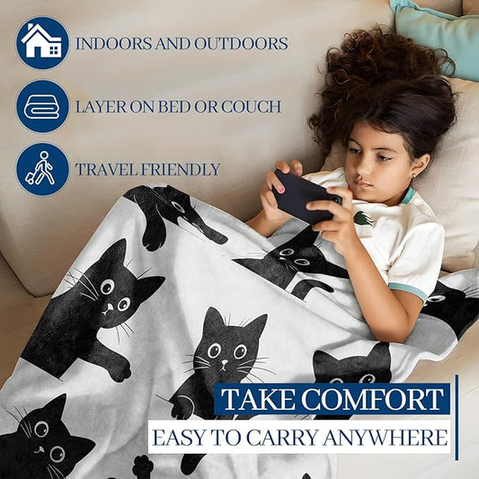 Funny Black Cat Blanket, 50"x40" Flannel Cozy Lightweight Cute Silhouette Kittens Throw Blankets Gifts for Couch Bed Living Room Decor, Soft Blanket for Women Kids