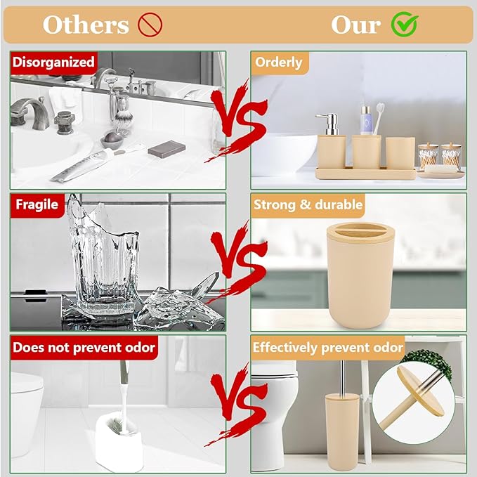 SLDIYWOW Bathroom Accessories, Beige Bathroom Accessories Sets Complete with Trash Can,Tray,Soap Dispenser,Toothbrush Holder,Toothbrush Cup,Soap Dish,Toilet Brush and Q-tip Holders for Bathroom