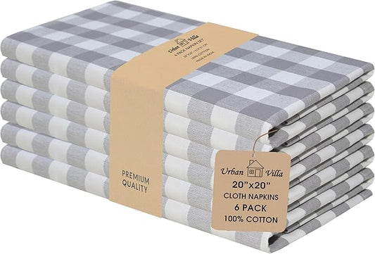 Urban Villa Cotton Dinner Napkins Set of 6, Highly Absorbent 20x20 Inches Premium Cloth Napkins Hotel Quality Reusable & Washable Table Dinner Napkins for Home & Weddings - Grey/White, Checks