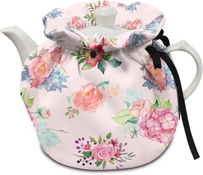 Generic Playful Rosebud Pattern Tea Pot Tea Kettle Decorative Cover Insulated Dust Bag Drawstring Tea Kettle Covers Teacup Covers Insulated Drop-Proof Shock-Proof Decoration