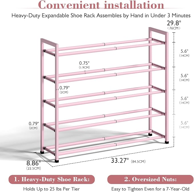 Bumusty 5-Tier Expandable Shoe Rack for Closet, 18“-33” Adjustable Shoe Rack for Small Space, Small Shoe Organizer for Front Door, Sturdy Metal (Pink)