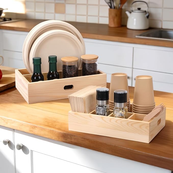 Utensil Holder for Party,Paper Plate Holders,Wood Silverware Organizer for Kitchen Countertop,Silverware Caddy,Essentials for Parties,Cutlery Flatware Organizer for Spoons Forks Napkins Cup,Set of 2