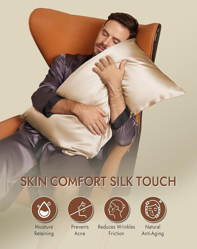 SilkSilky 100% Mulberry Silk Pillowcase - Pure 22 Momme High-Grade 6A Fibers for Hair & Skin, Envelope Closure, Natural, Organic, Breathable & Cooling Pillow Case (Queen, Beige)