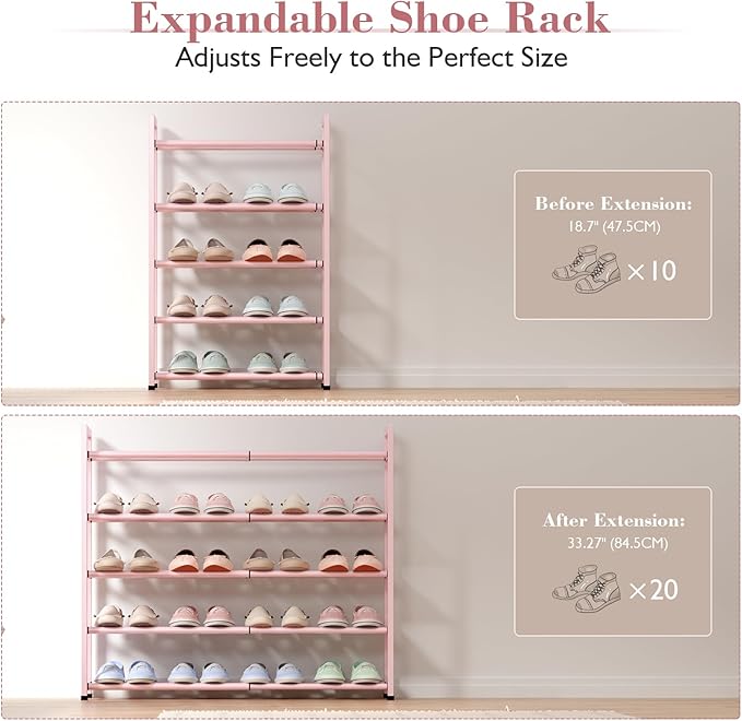 Bumusty 5-Tier Expandable Shoe Rack for Closet, 18“-33” Adjustable Shoe Rack for Small Space, Small Shoe Organizer for Front Door, Sturdy Metal (Pink)