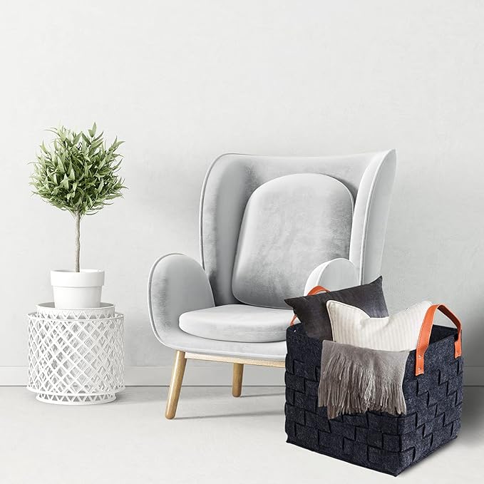 boldmonkey Laundry Basket 15 " x13 x11 2 Pack, Large Rectangular Blanket Basket with Leather Handle, Felt Storage Basket for Living Room, Nursery, Dog Toys-Dark Gray