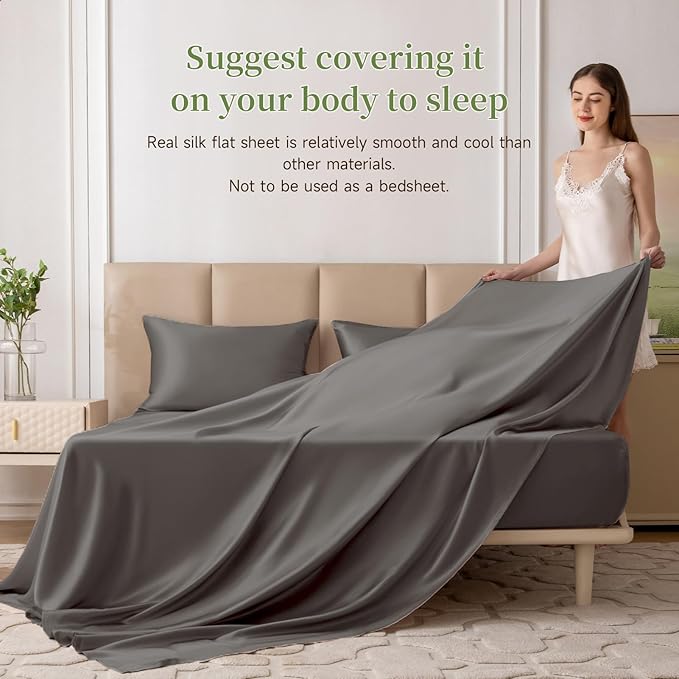 THXSILK 22 Momme 1 Pcs Silk Flat Sheet, 100% Top Grade Pure Mulberry Silk Bed Sheet Breathable Cooling Comfortable Safe Material Ultra Soft Bedding Durable (Twin, Charcoal)