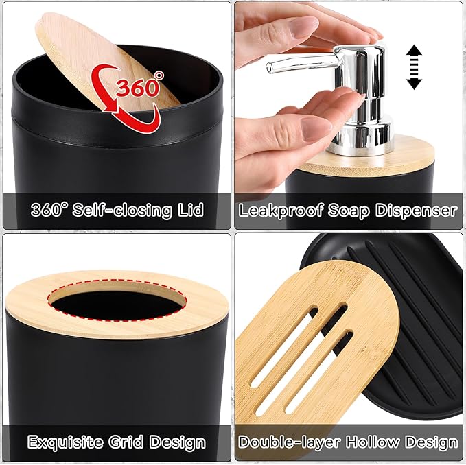 SLDIYWOW Black Bathroom Accessories-Bathroom Sets with Shower Curtain and Rugs, No Slip Bathroom Rugs Super Absorbent, Black Waterproof Shower Curtain with Hooks,Black Bathroom Sets Complete for Home