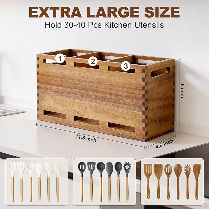 Large Acacia Wood Utensil Holder Rustic Kitchen Utensil Organizer for Countertop 3 Sections Kitchen Utensil Crock Cooking Tools Holder Utensils Caddy Counter Wooden Cooking Utensil Storage Holder