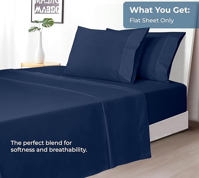 Royale Linens 100% Organic Cotton Twin XL Flat Sheet Only - Super Soft - Percale Top Sheets - Twin XL Flat Sheet Sold Separately - Breathable, Cool & Crisp Navy Sheets Only (66" x 102", Navy)