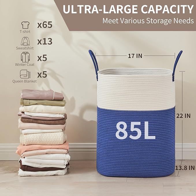 Laundry Basket with Handles - Blanket Basket & Hampers for Bedroom Aesthetic, Laundry Hamper & Blanket Storage for Living Room, Clothes Hamper, Tall, Large 17" x 14" x 23”, White & Dark Blue