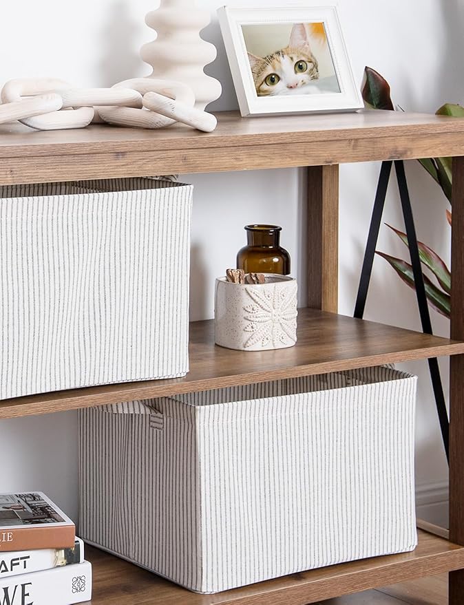 StorageWorks Storage Bins, Fabric Storage Bins for Shelves, Large Storage Baskets with Metal Frame, Closet Baskets and Bins with Handles, Khaki and Beige Stripes, 2-Pack