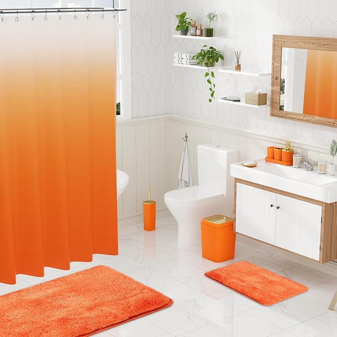XLHOMO Bathroom Set - Orange Bathroom Sets with Shower Curtain and Rugs, 24PCS Shower Curtain Set with Hooks, Soap Dispenser, Soap Dish, Toilet Brush Holder and Trash Can for Housewarming