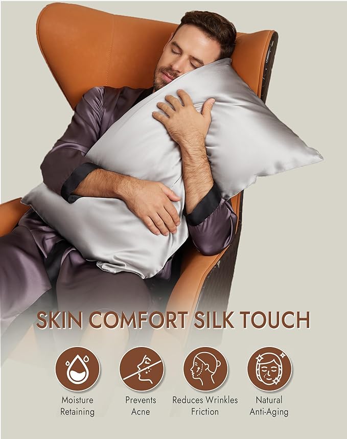 SilkSilky 100% Mulberry Silk Pillowcase - Pure 22 Momme High-Grade 6A Fibers for Hair & Skin, Envelope Closure, Natural, Organic, Breathable & Cooling Pillow Case (Queen, Silver)