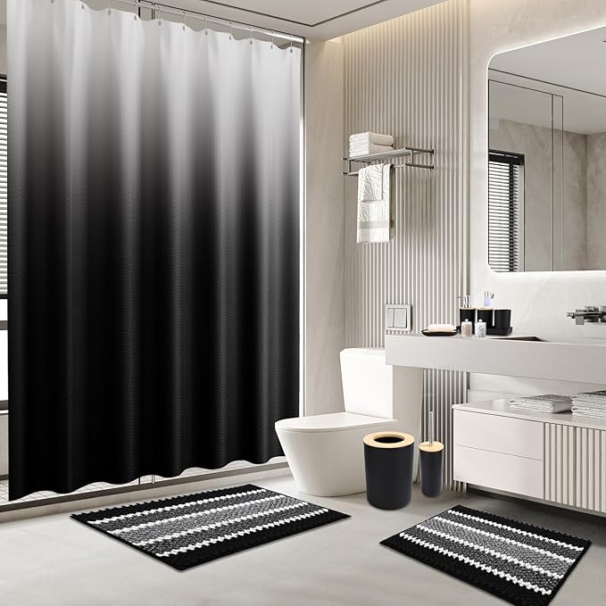 SLDIYWOW Black Bathroom Accessories Set, Bathroom Sets with Shower Curtain and Rugs for Home Decor/Housewarming