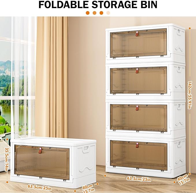 YFXCVSL 4 Tier Storage Bins with Lids 102QT - Stackable Containers with Wheels, Folding Boxes, Set of 25