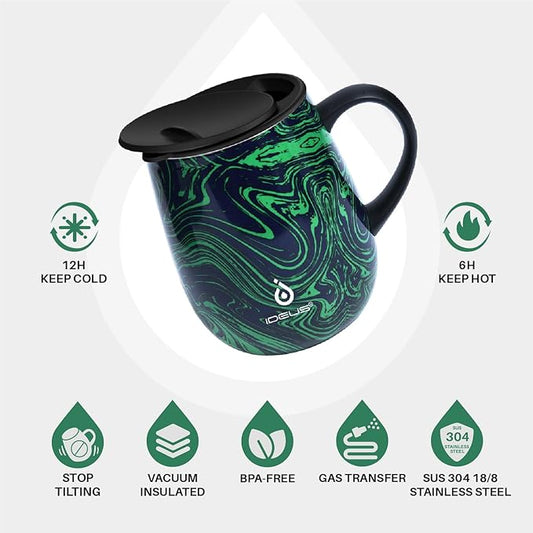 Ideus 16 oz (470 ml) Insulated Coffee Mug with Handle and Lid, Double Wall Stainless Steel Vacuum Thermal Coffee Mug, Travel Coffee Cup Thermal Cup for Home and Office (Green Zebra)