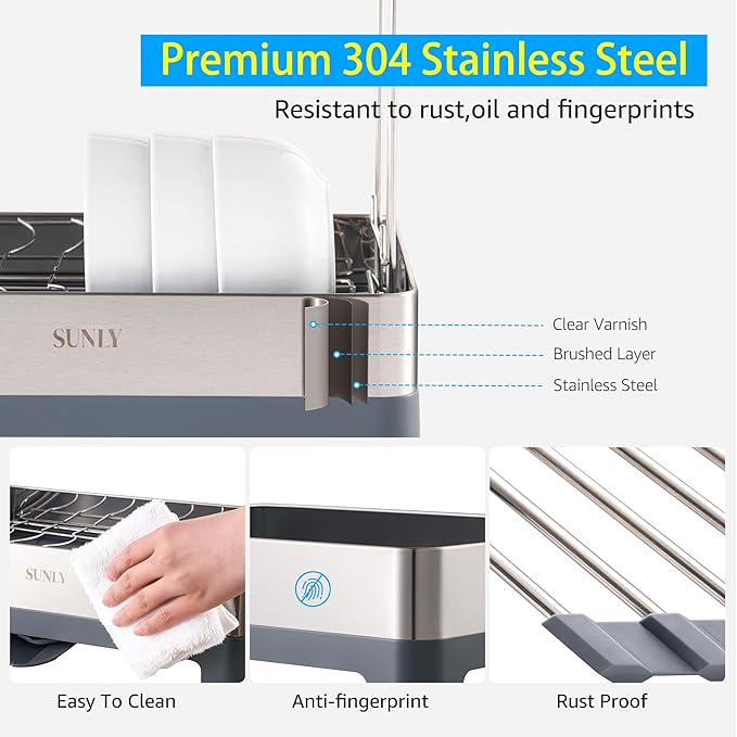 SUNLY Large Dish Drying Rack, Multipurpose 2 Tier Dish Racks for Kitchen Counter, 304 Stainless, Extra Large Drain Board