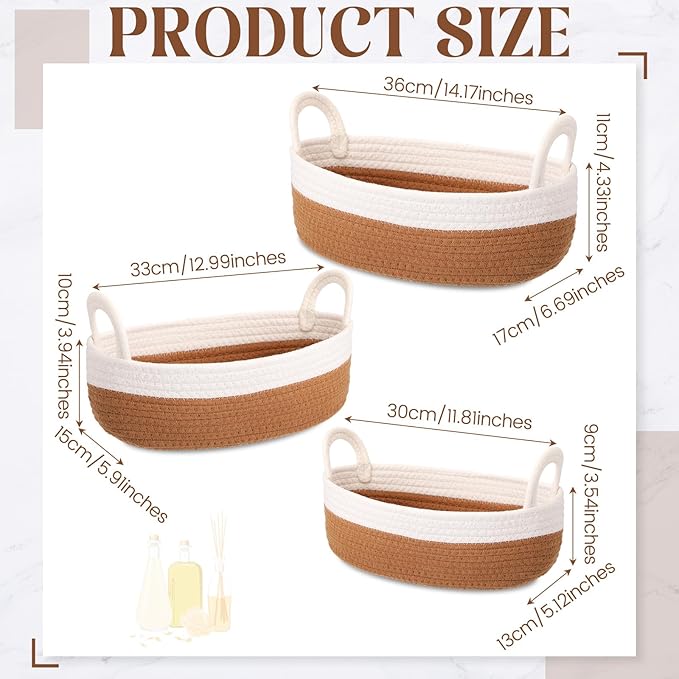 3 Pcs 3 Sizes Storage Basket for Toilet Tank Top Rope Woven Organizer with Handle Boho Bathroom Toilet Paper Organizer for Shelf Living Room Farmhouse Home Decor(White and Brown)